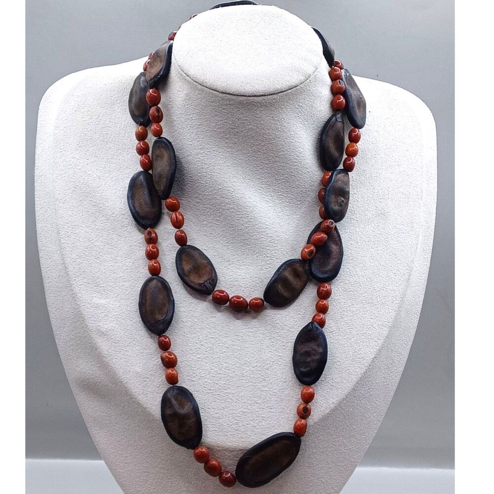 Vintage, Earthly Feels Oval and Small Round Wooden Beads Long Versatile Necklace